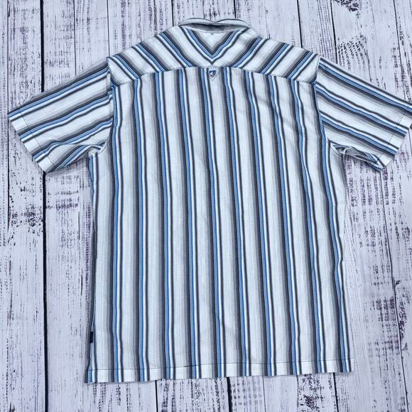 KÜHL Striped Short Sleeve Button-Down Shirt Men’s L Gray Blue Pocket Logo - Picture 2 of 5